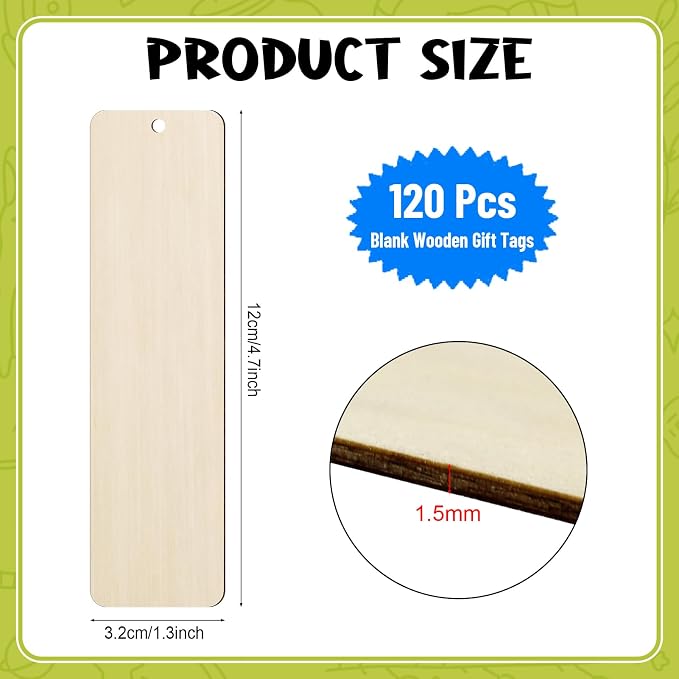 120 PCS Wood Blank Bookmarks Set