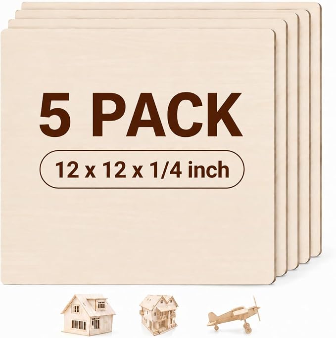 FSWCCK Unfinished Blank Square Wood Pieces, 5 Pack 6 mm 1/4" x 12" x 12" Craft