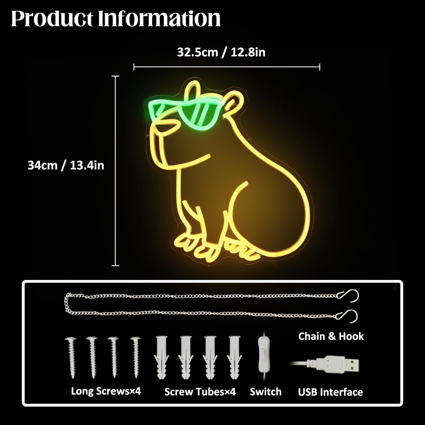 Cool Capybara Neon Sign Cute Animal with Glasses Yellow Green LED Signs for Wall Cartoon Neon Lights for Bedroom Capybara Neon Night Light for Children's Room Party Decor Birthday Gifts