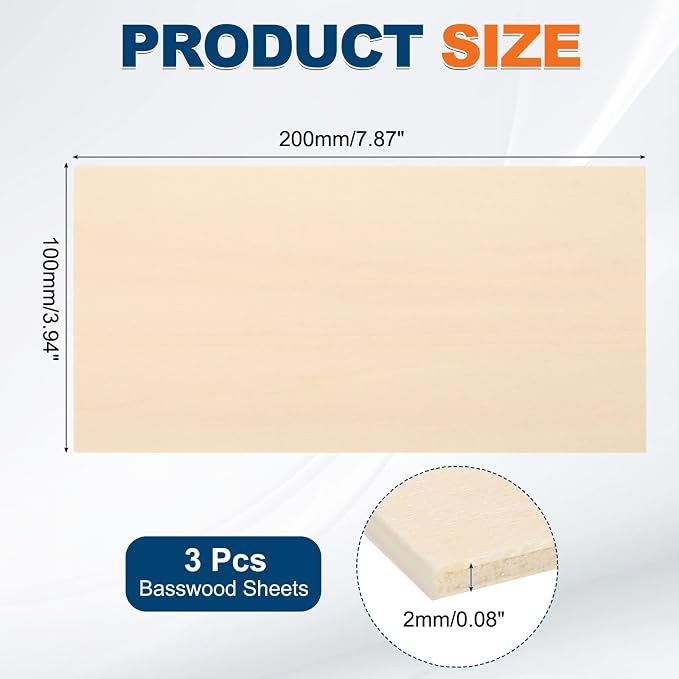 MECCANIXITY 3pcs Basswood Sheets 8 x 4 x 5/64 Inch Unfinished Wood Boards