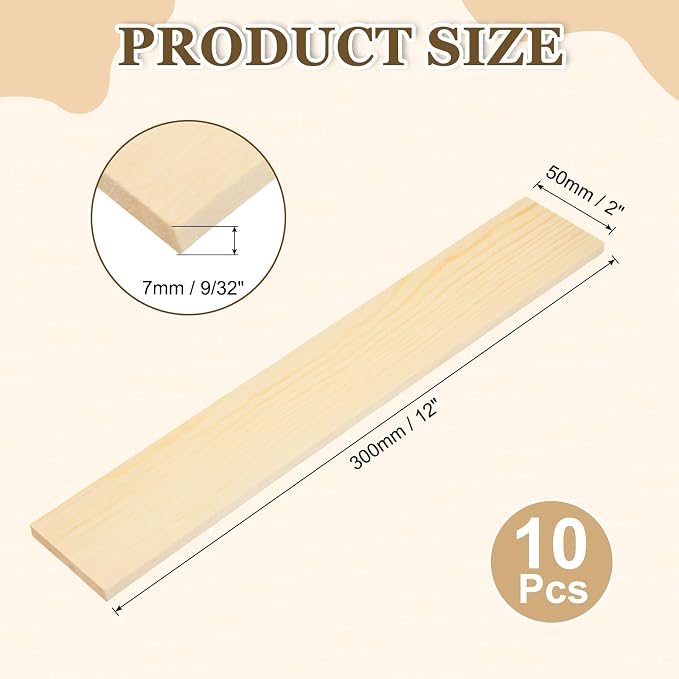 MECCANIXITY 10Pcs Wood Strips Slats, 9/32" x 2" x 12" Thin Wood Sticks Flat