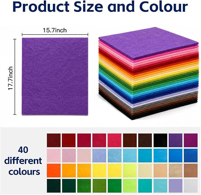 40 Pack Thin Felt Fabric Sheets 18" x 18" Assorted Colors Squares Felt Fabric