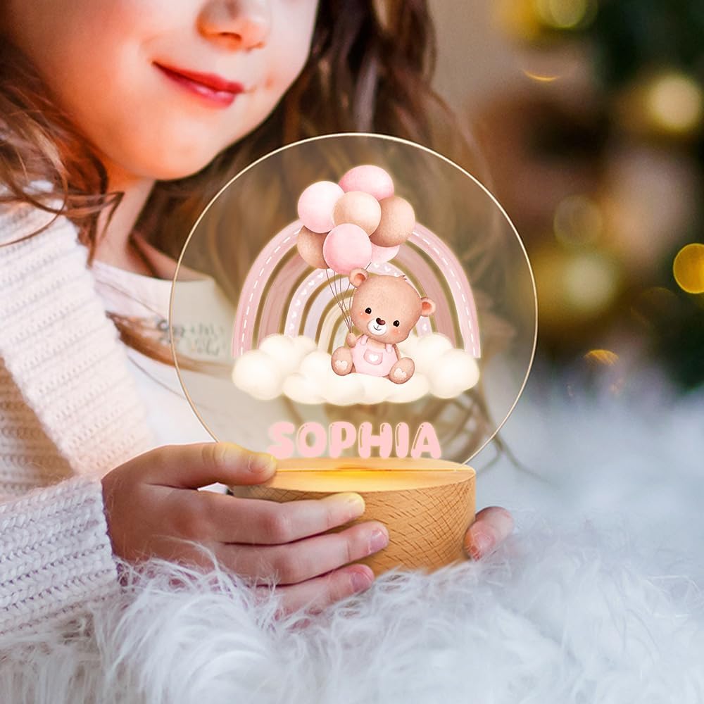 callie Acrylic Night Light Name Plate Personalized, Custom Cute Sleep Bear with Wooden Base Bedroom Decor, Birthday Gifts Christmas Gifts for Family (Cute Bear)