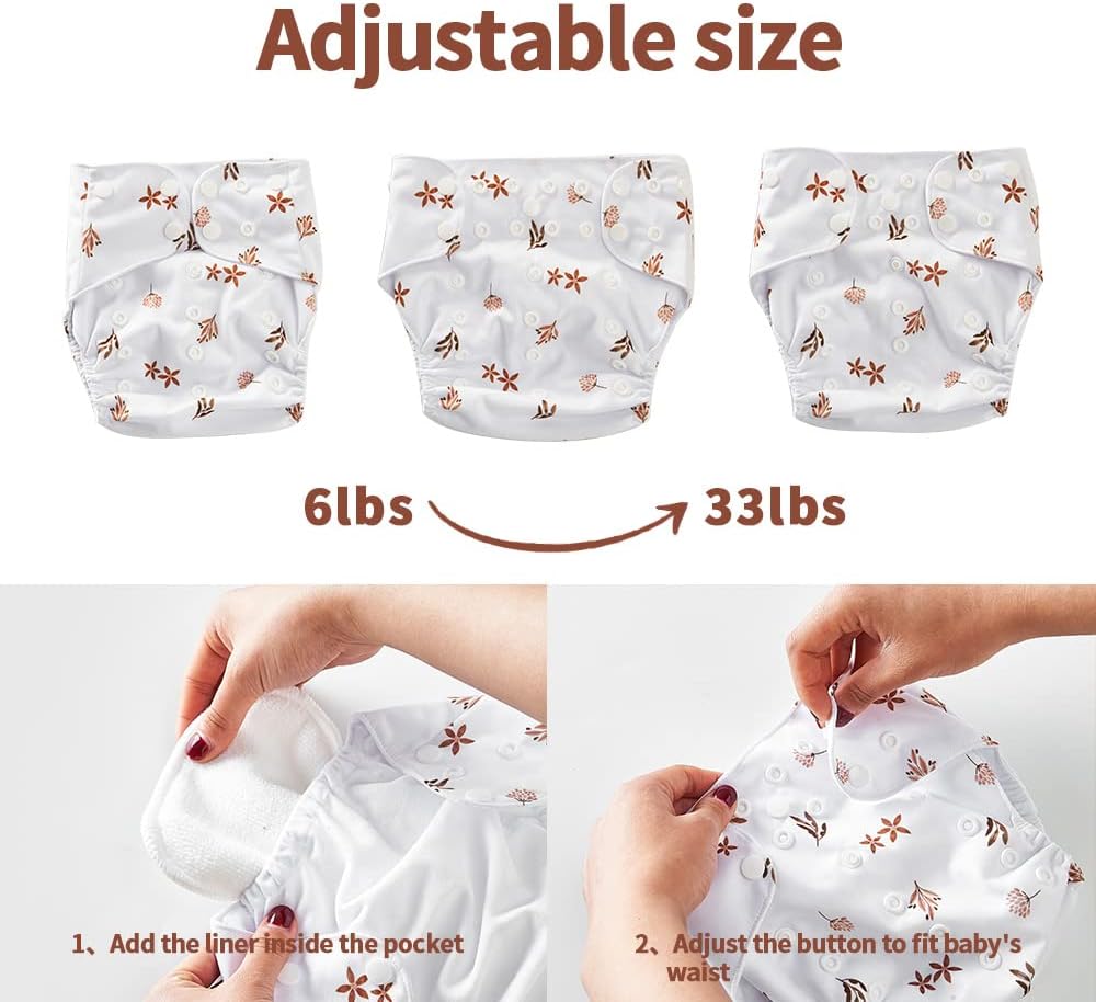 HappyFlute 9 Sets Newborn Baby Cloth Pocket Diapers One Size Adjustable Reusable for Baby Boys and Girls(6-33 pounds,0-3 Years),One Wet Bag+4Diapers and 4Inserts