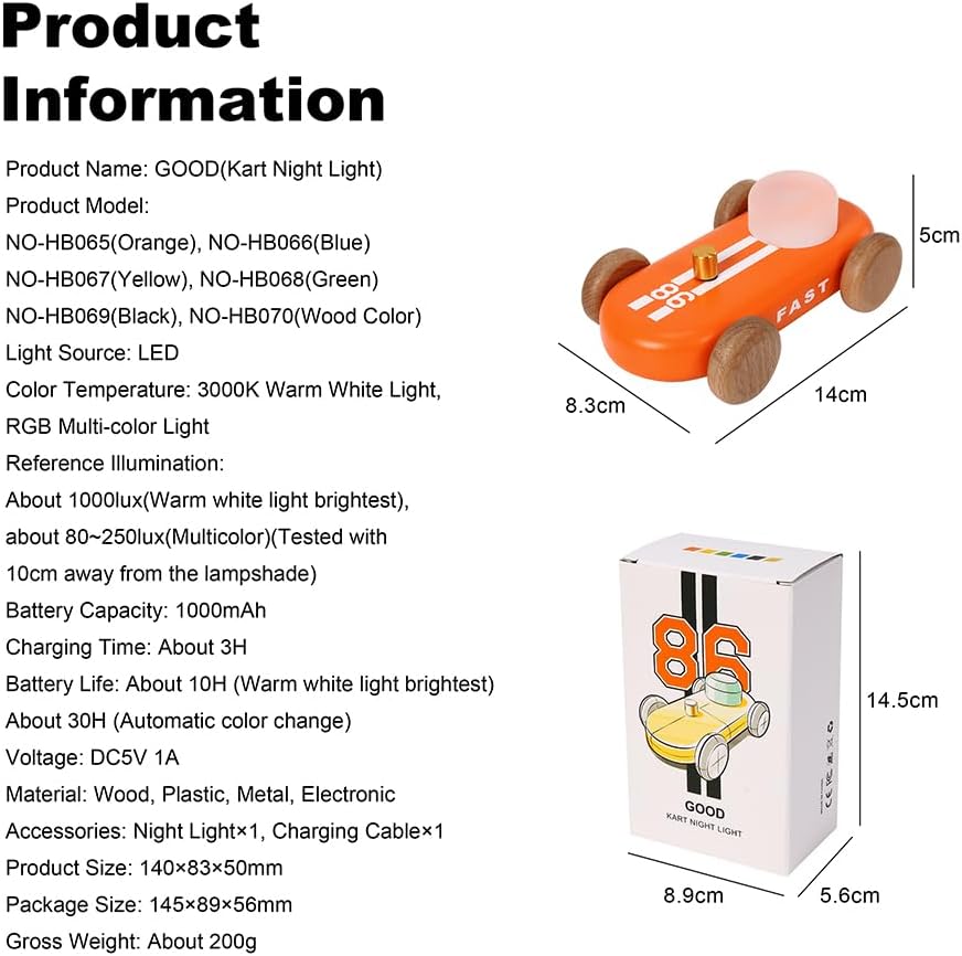 Wooden Go-Kart Night Light for Kids, 7 Color Adjustable, USB Rechargeable (Orange)