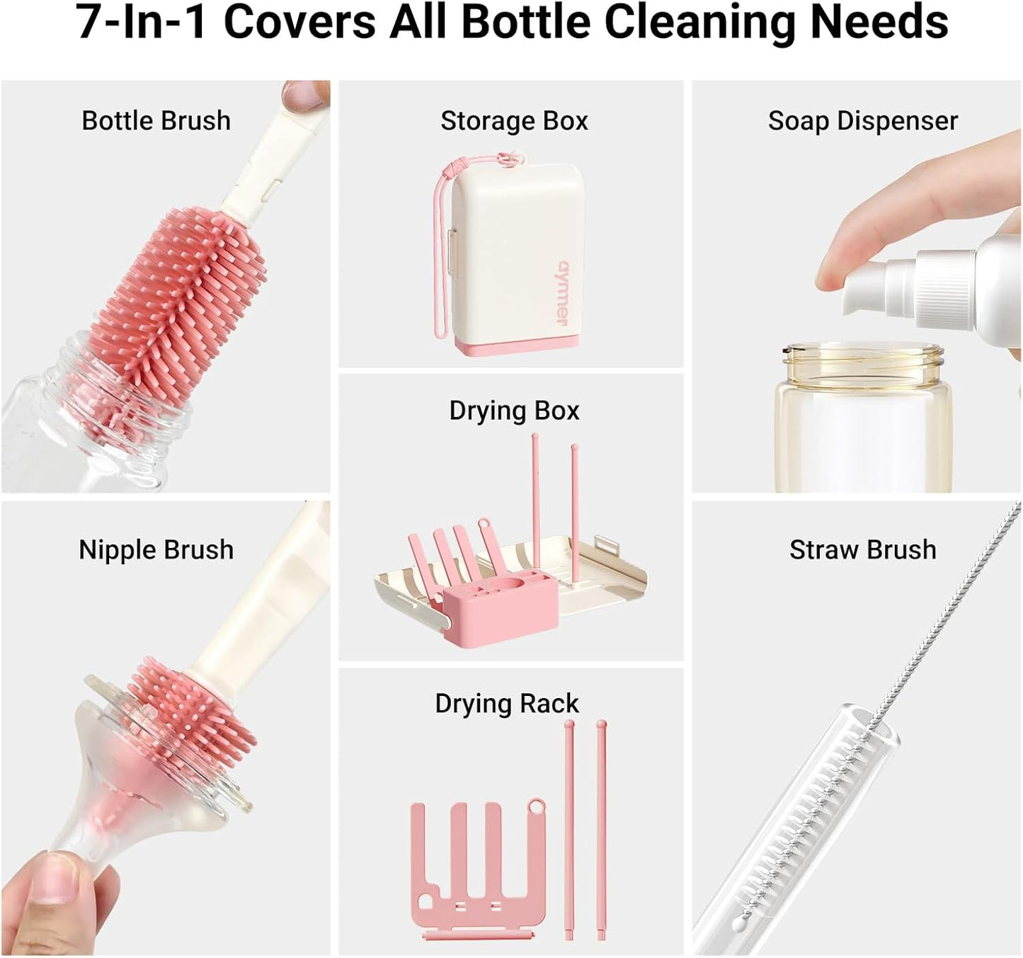 Baby Bottle Brush, 7 in 1 Travel Baby Bottle Cleaner Brush Set with Silicone Brush, Nipple Brush, Straw Brush, Soap Dispenser, Portable Drying Rack, Breast Pump & Bottle Cleaning Kit - Coral Pink