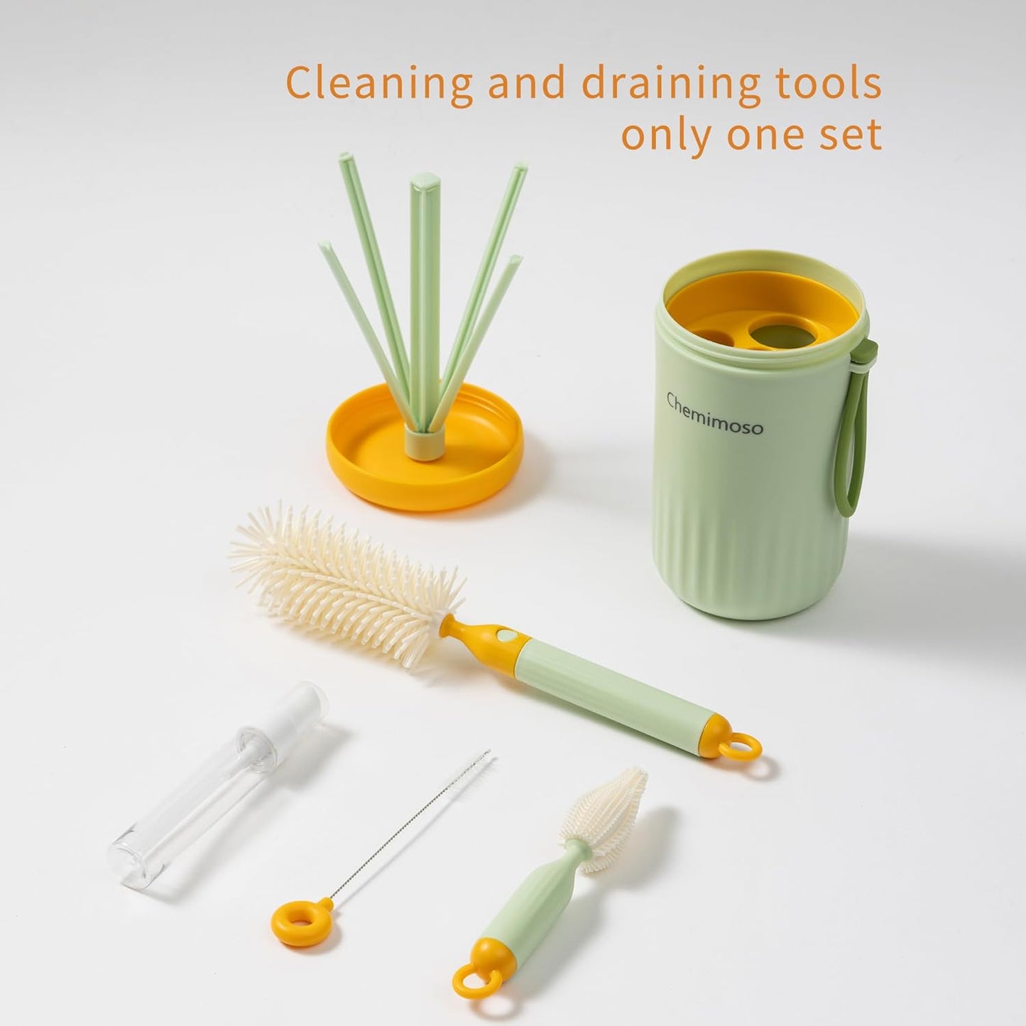 Chemimoso Travel Silicone Baby Bottle Cleaner Brush Set, Foldable Baby Bottle Drying Rack, Essential Cleaning Set for Outdoor Travel, Orange and Green