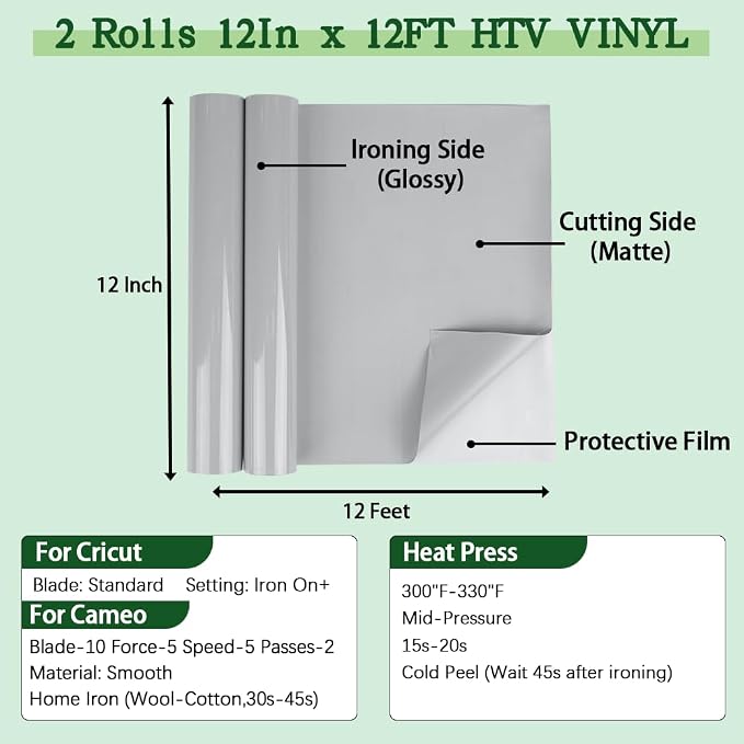 guangyintong Gray Heat Transfer Vinyl HTV Rolls, 2 Rolls 12" x 12ft Gray Iron