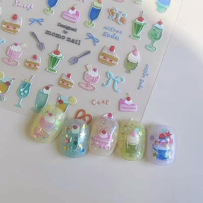 Summer Nail Art Stickers Decals Cherry Cake 5D Embossed Jelly Nail Decals 1PCS