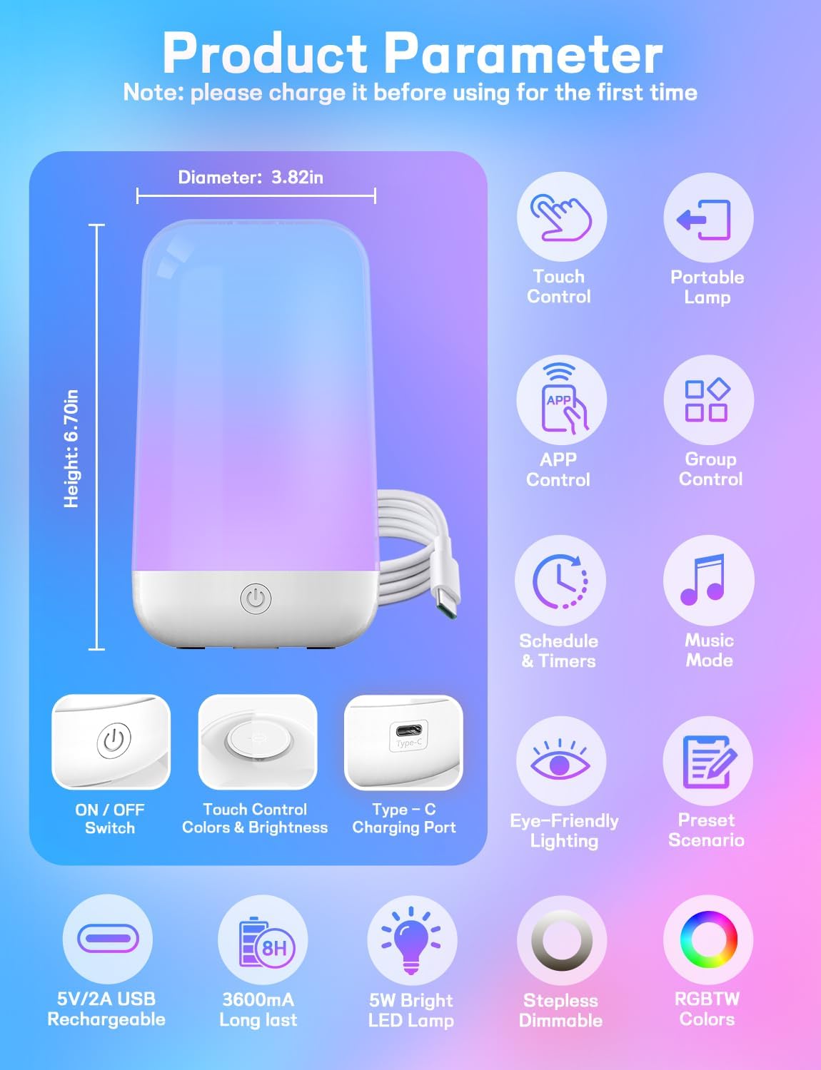 Smart Touch Bedside Table Lamp [Multi-Color & Warm Lights], 3600mA Cordless Small Table Lamp Rechargeable, 7 Colors & Fully Dimmable LED Night Lights for Bedroom Nightstand Nursery Living Room