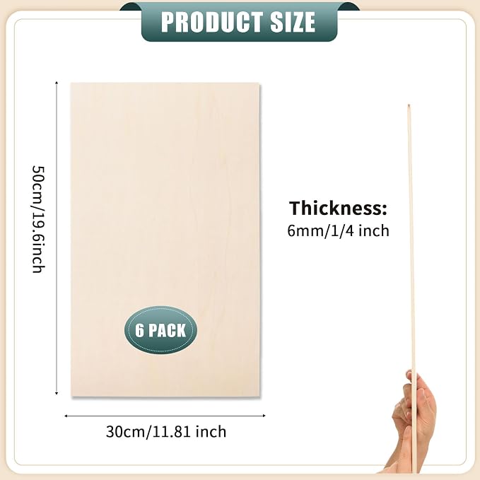 6 Pack 12 x 20 x 1/4 Inch-6mm Thick Basswood Sheets