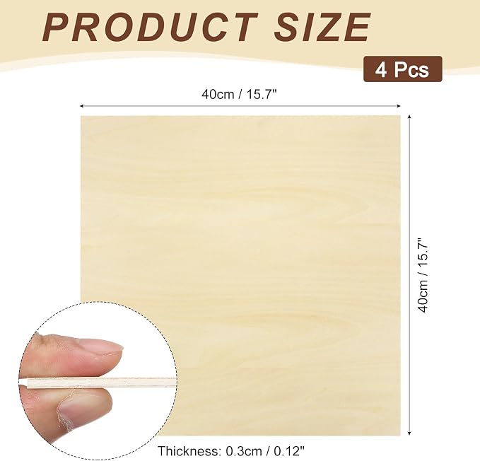 MECCANIXITY 4pcs Basswood Sheet 15" x 15" x 1/8" Unfinished Wood Plywood Boards