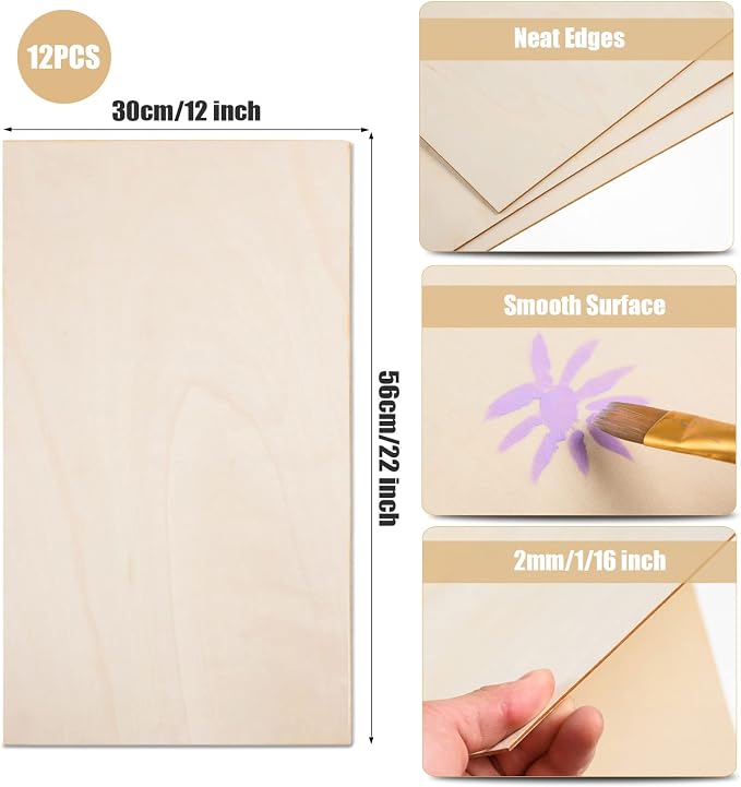 12 Pack 22 x 12 x 1/16 Inch-2 mm Thick Basswood Sheets