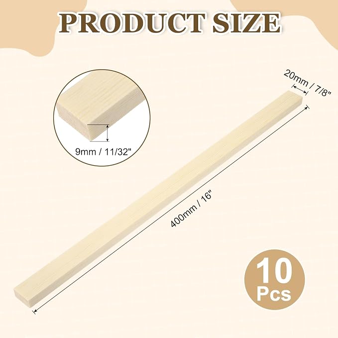 MECCANIXITY 10Pcs Wood Strips Slats, 11/32" x 7/8" x 16" Thin Wood Sticks Flat