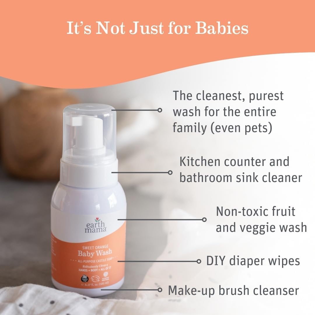 Earth Mama Baby Liquid Wash Foaming Hand Soap, Organic All Purpose Body Wash for Sensitive Skin, Castile Soap with Coconut Oil, Shea Butter, Calendula, & Aloe, Sweet Orange, 6.27 Fl Oz (Pack of 1)