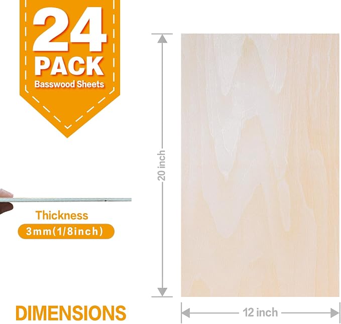 24Pack Basswood Sheets 20"x12"x1/8", 3mm Basswood