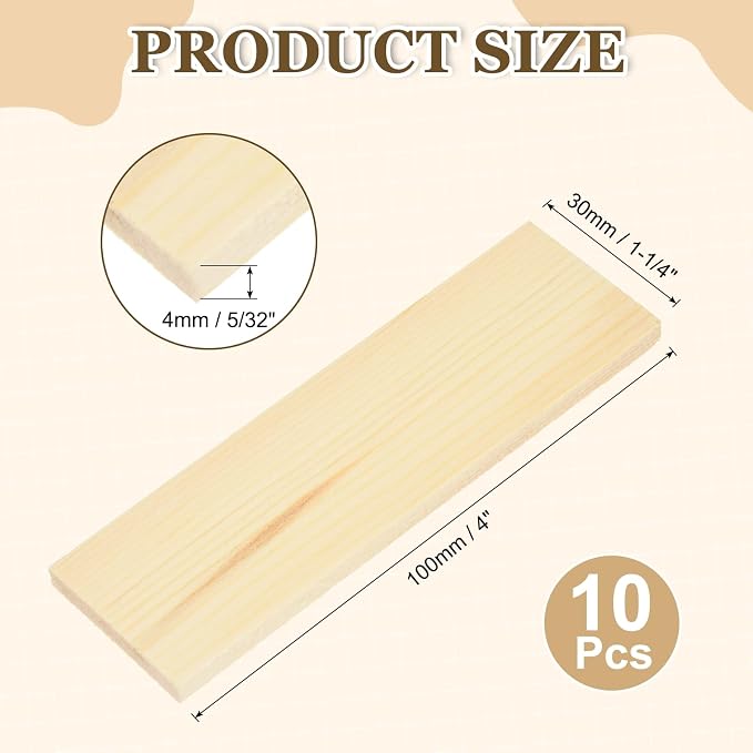 MECCANIXITY 10Pcs Wood Strips Slats, 5/32" x 1‑1/4" x 4" Thin Wood Sticks Flat