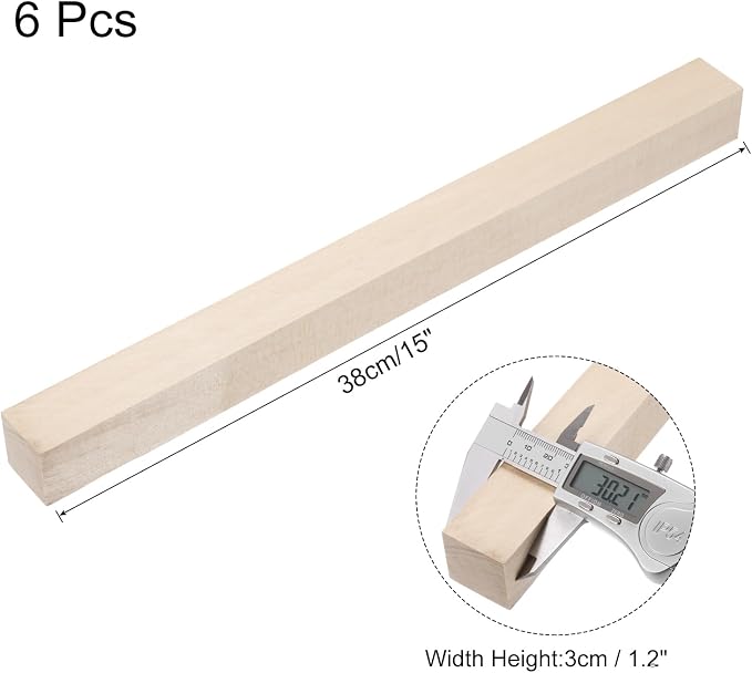 MECCANIXITY 6pcs Wood Sticks, 1.2"x 1.2" x 15" Rectangle Wooden Cube Wood