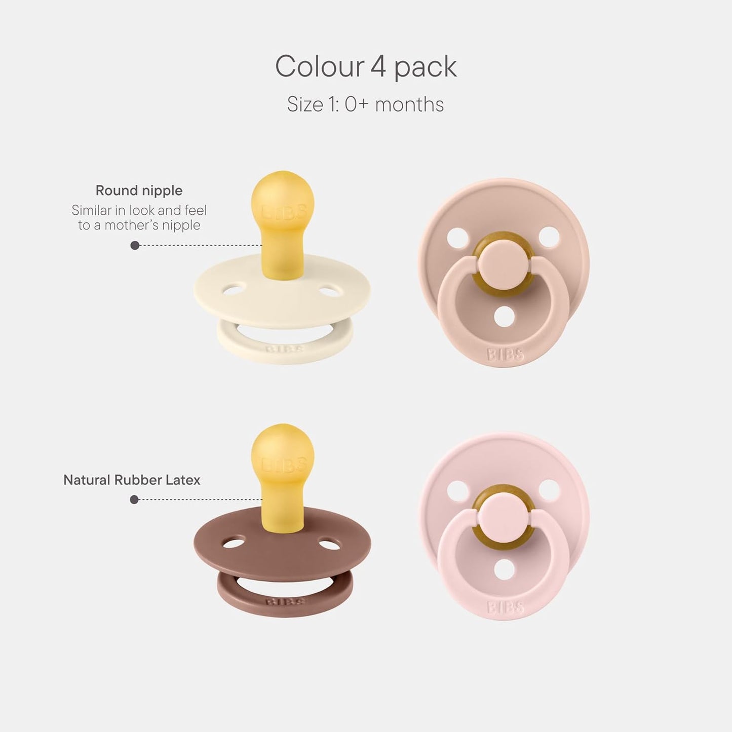 BIBS Pacifiers - Colour 4-Pack | BPA Free Baby Pacifier | Round Nipple Binkies | Natural Rubber Latex Soother | Made in Denmark | Size 1 (0-6 Months) | Blush Mix
