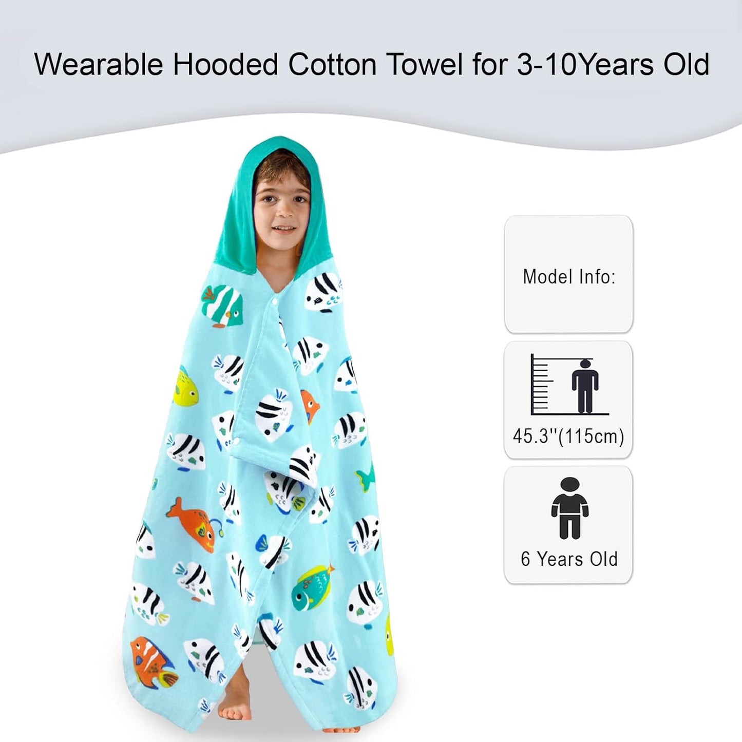 VOOVA & MOVAS Kids Beach Towels with Hood,(3-10 Years, 30''X50),Absorbent 100% Cotton Towel Wrap for Boys, Perfect for Toddler Beach, Pool, Bath, Swimming, Fish