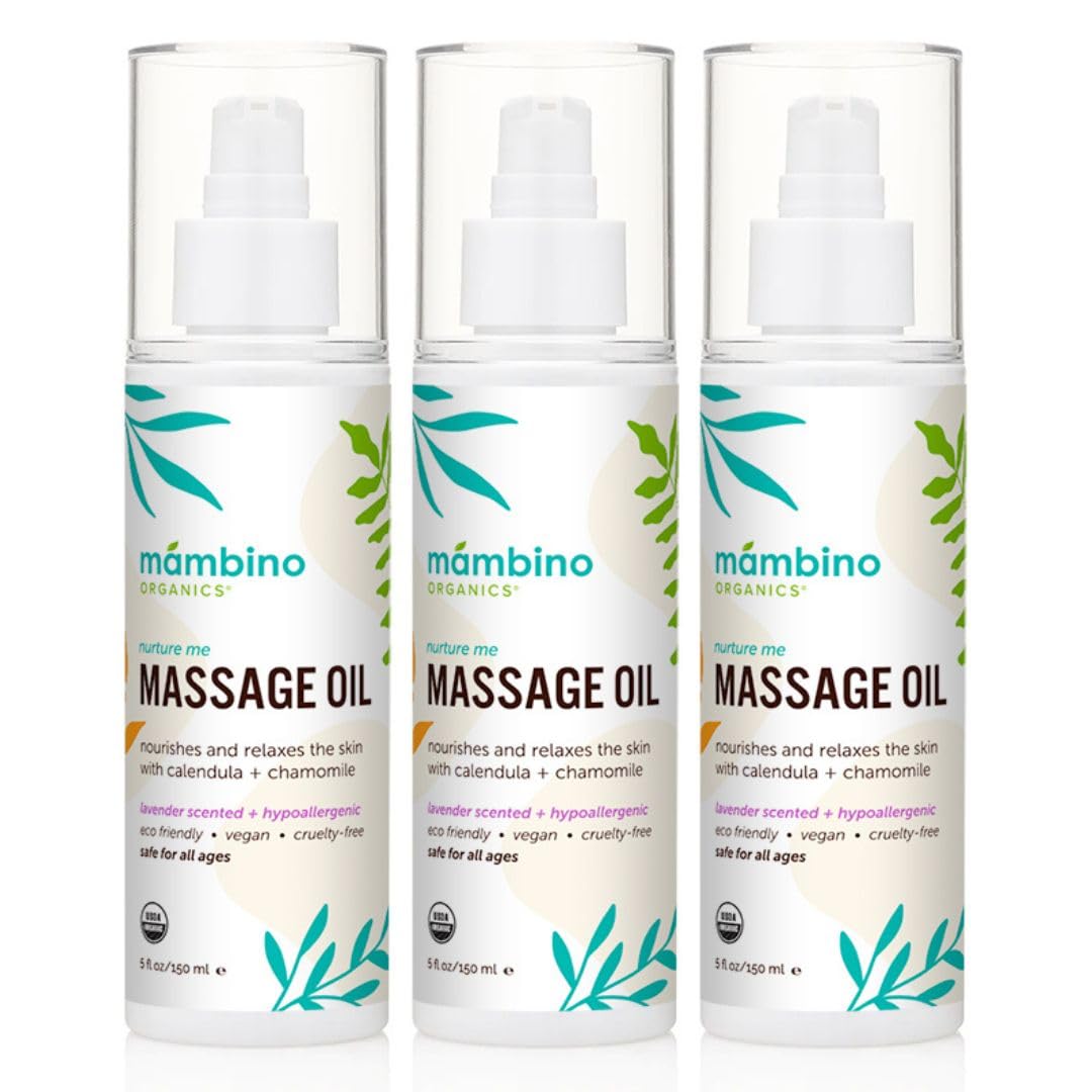 Mambino Organics Massage Baby Oil – Organic, Nourishing with Egyptian Calendula, Chamomile & Lavender – Gentle for After-Bath Relaxing – Cruelty-Free Baby Oils for Baby & Kids, 3-Pack 5 fl oz