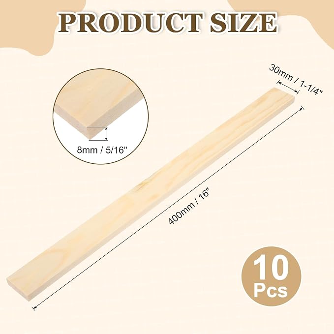 MECCANIXITY 10Pcs Wood Strips Slats, 5/16" x 1‑1/4" x 16" Thin Wood Sticks Flat