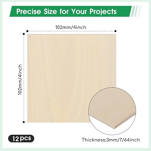 12 Pack Basswood Sheets 4"×4"×7/64" Unfinished Plywood Sheet | Smooth Thin Wood