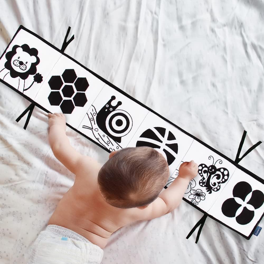 My First Black and White High Contrast Soft Book , Infant Tummy Time Toys, Black and White Baby Cards, Folding Educational Activity Cloth Book Suitable for Boys Girls Toddler