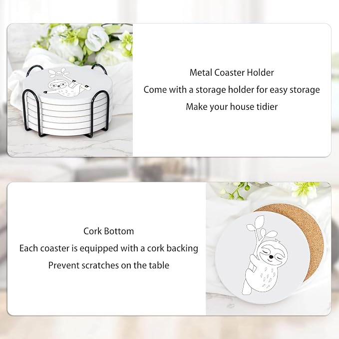 6 Absorbent Ceramic Tiles with Cork Base, Paint Your Own Sloth Coaster | Arts