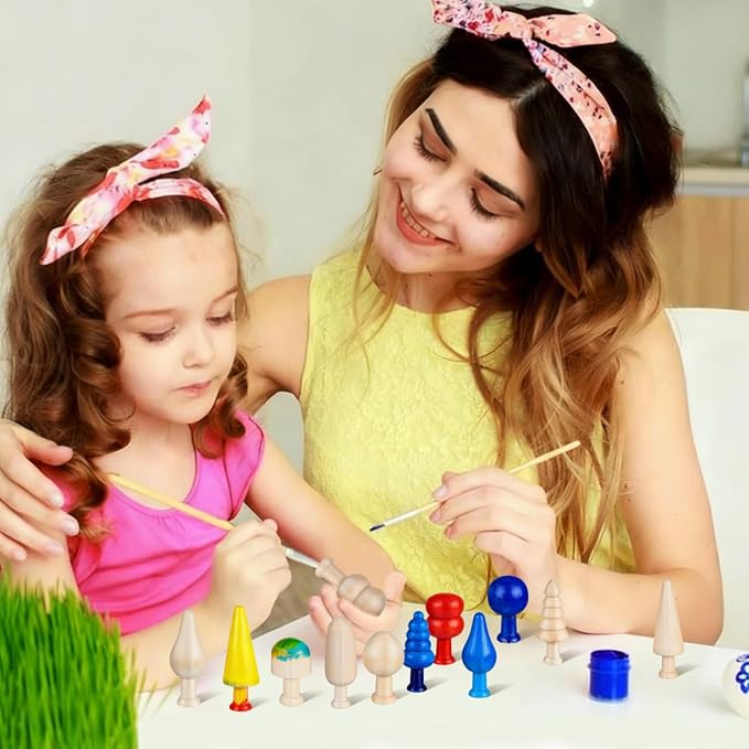 TEHAUX 20pcs Unfinished Mini Wooden Trees 5 Shapes DIY Paintable Wood Craft