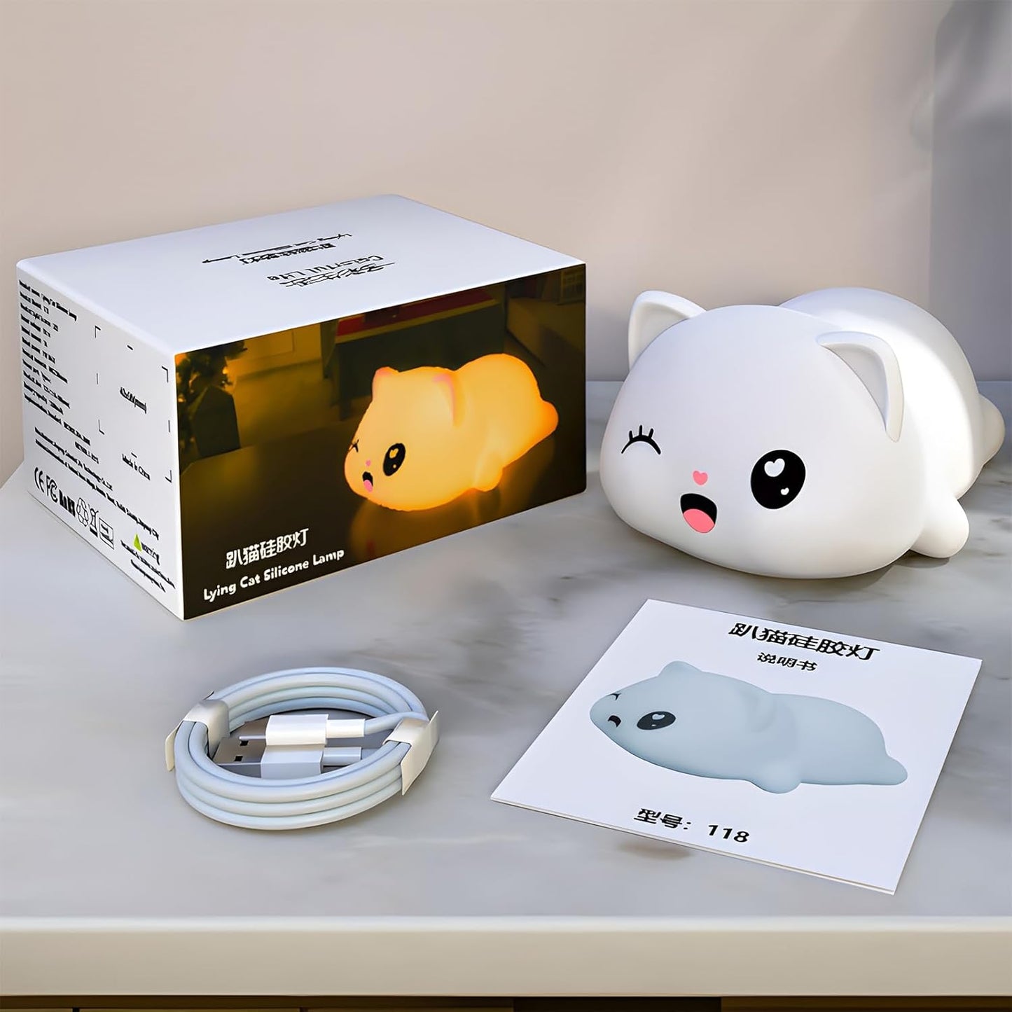 Colorful Life Cat Night Light for Kids, Silicone Tap Control LED Bedside Lamp, Soft Touch Sensor Kitty Light for Baby Girls Boys, USB Rechargeable Nightlight(Light up When patted)
