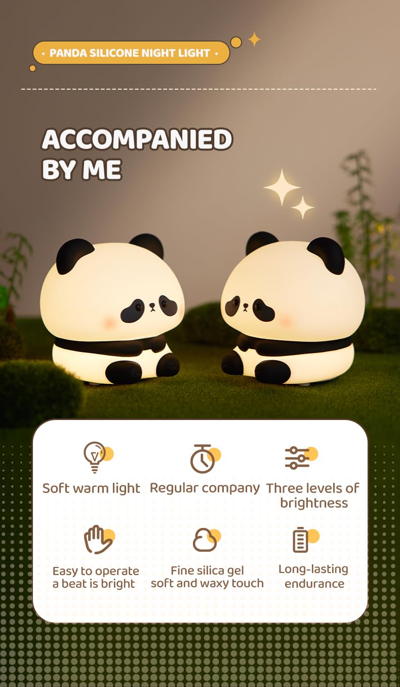 ATSUI Cute Panda Night Light, LED Squishy Novelty Animal Night Lamp, Food Grade Silicone, 3 Level Dimmable Rechargeable Nursery Nightlight for Breastfeeding Toddler Baby Kids, Cute Gifts for Kids