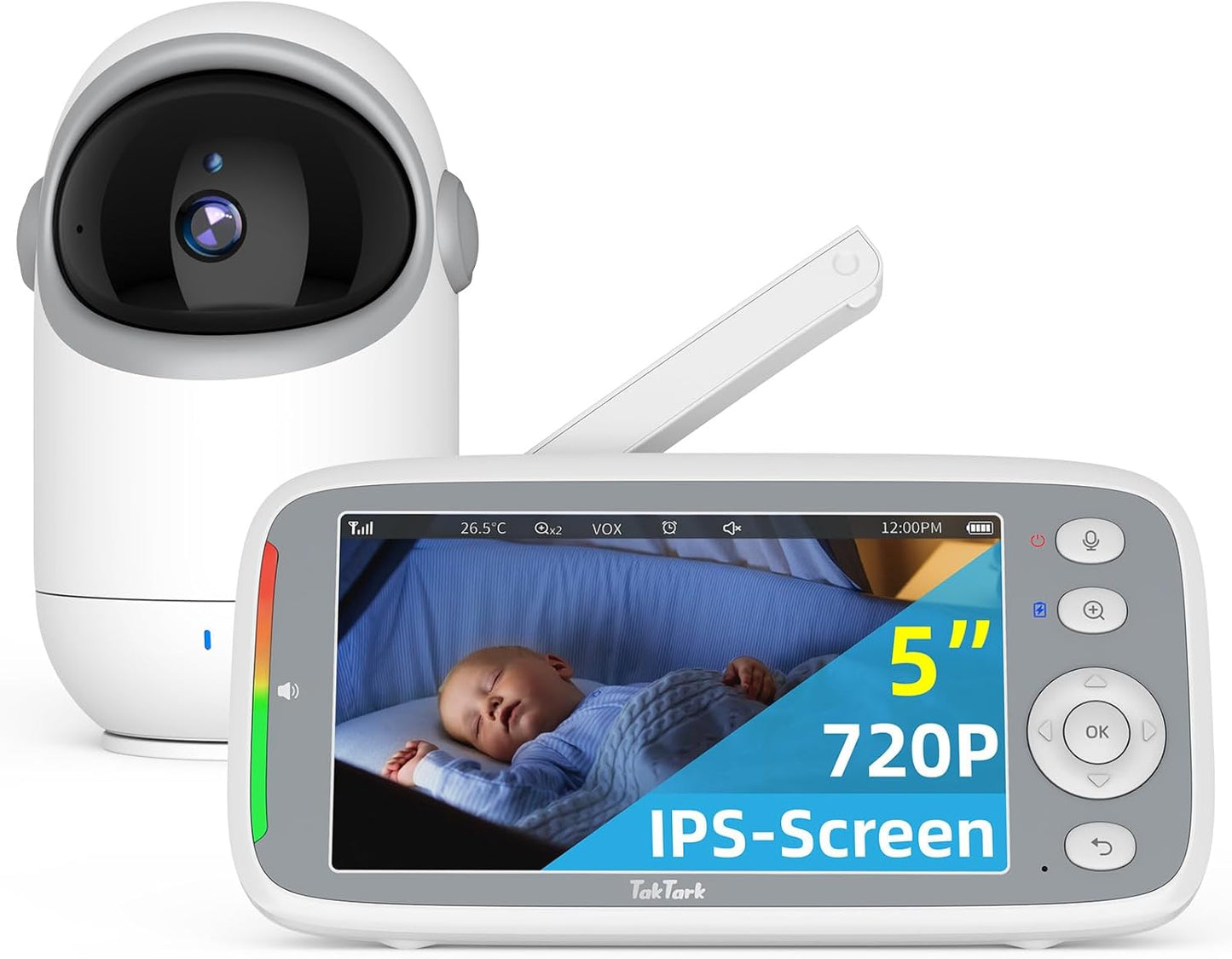 TakTark Baby Monitor, 5" 720P HD Baby Camera with IPS Screen, Remote Pan & Tilt, 2 Way Audio, Night Vision, Digital Zoom, VOX Sound Detection, Ideal for New Parent