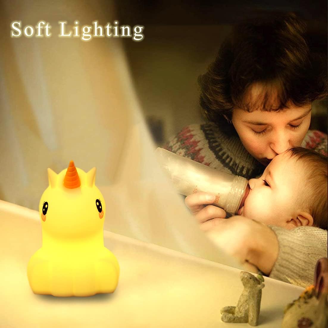 WHA&DARREN Large Unicorn Night Light for Kids,Cute Baby Night Light, Silicone Bedside Lamp,Sleep LED Lights, Eye Caring, Adjustable Brightness & Color, Time Setting, Touch Control & Remote Control