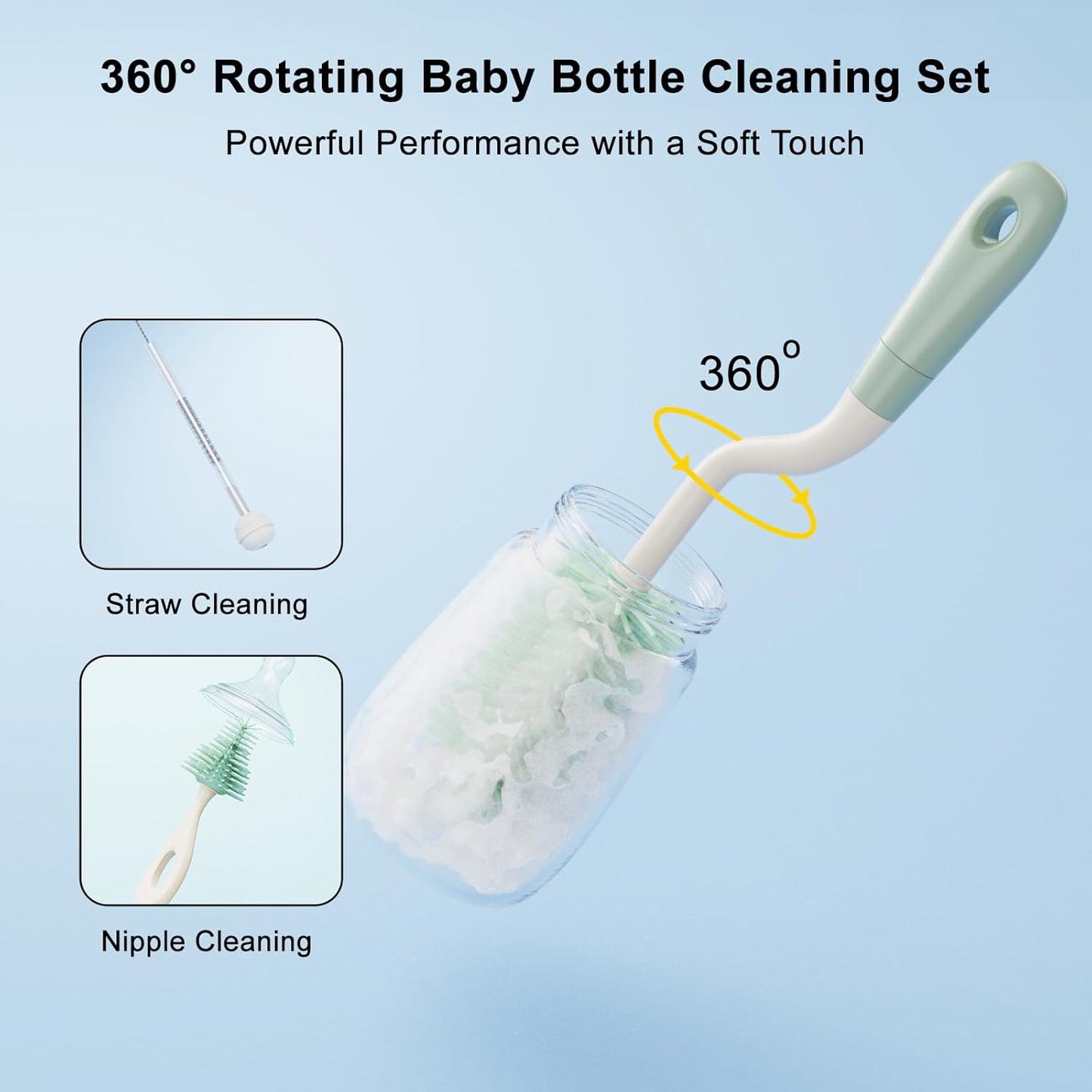 Silicone Bottle Brush Set with Stand, Bottle Cleaning Brush Cleaner Set, Long Handle 3 in 1 Multipurpose Silicone Baby Bottle Straw Cleaner Brush (Sage Green)