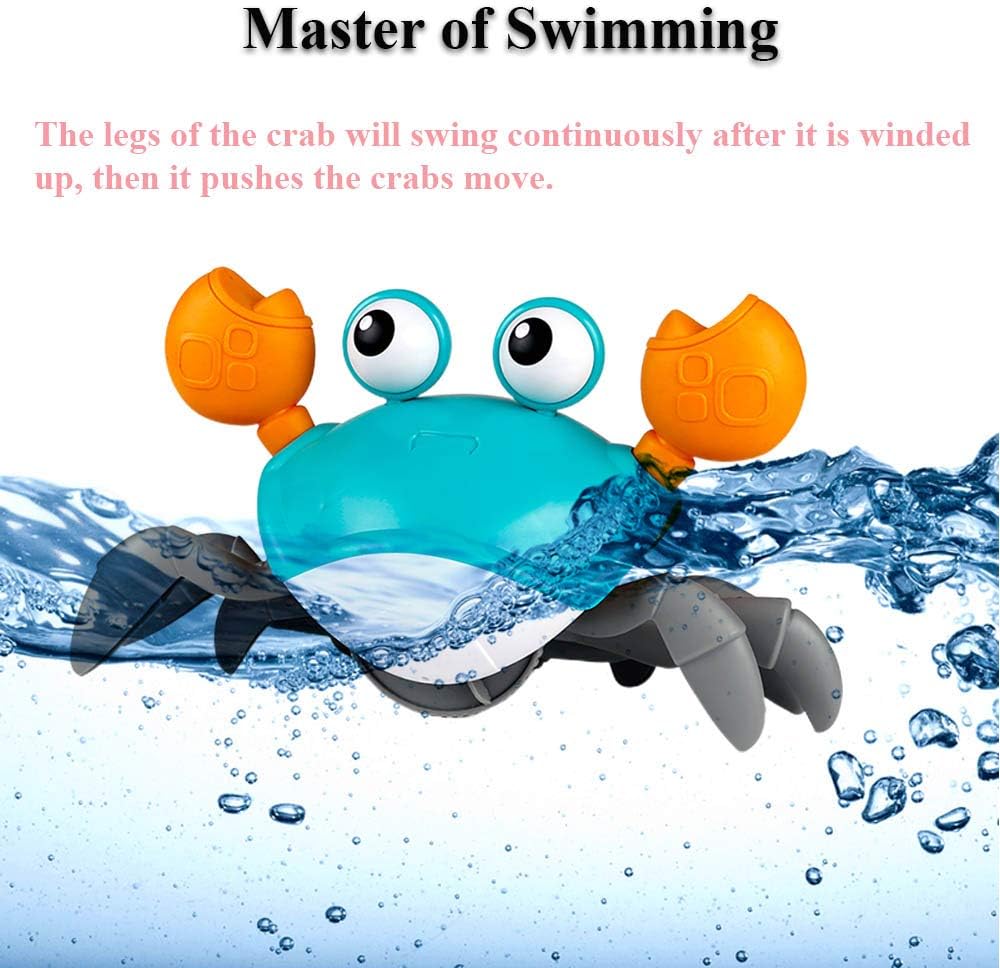Amphibious Bath Toy for Kids, Funny Windup Crabs Swimming Floating Toy Clockwork Beach Toy Push & Pull Crab Sand Toy with Leash (Blue)