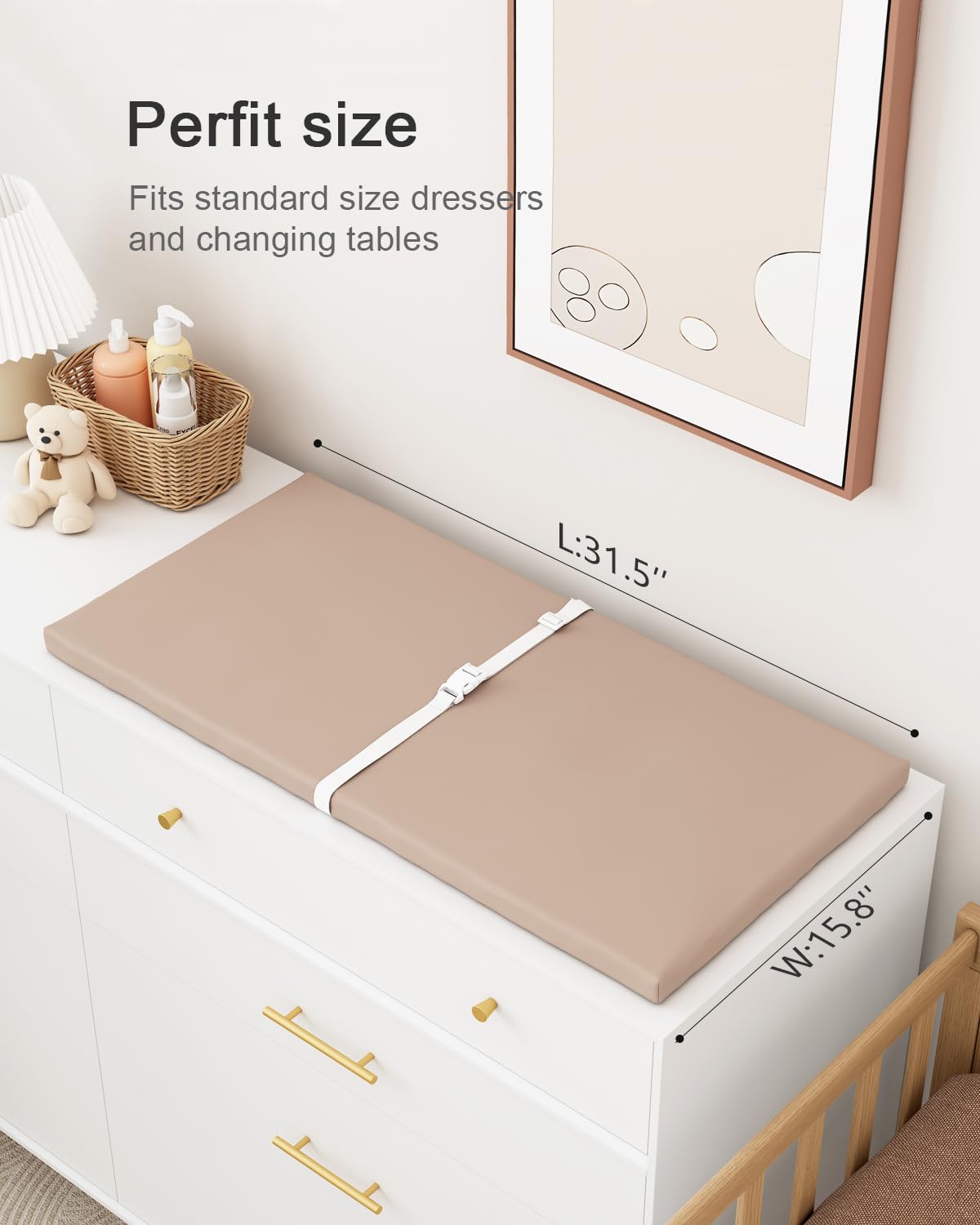 Wipeable Baby Changing Pad for Dresser and Table, Cozy Diaper Changing Pad with Waterproof & Wipe-Clean Leather Cover, Standard Size (31.5" L x 15.8" W), Light Brown