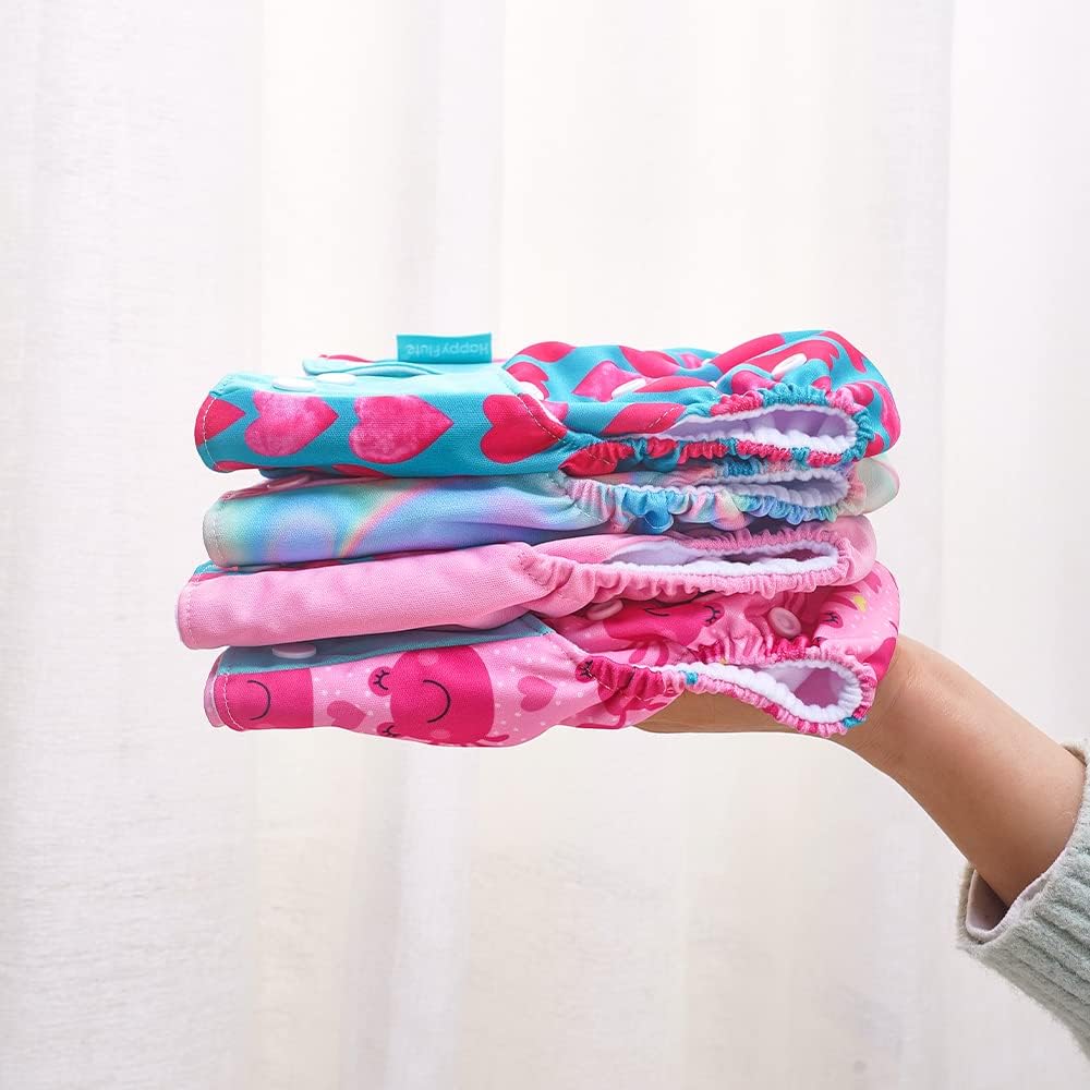 HappyFlute 4 Sets Newborn Baby Cloth Pocket Diapers One Size Adjustable Reusable for Baby Boys and Girls(No Inserts,Pink)