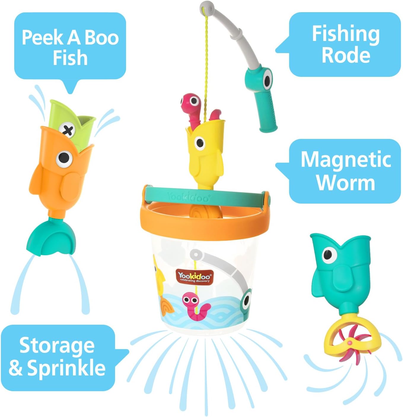 Yookidoo Fishing Set Bucket Bath Toys – Magnetic Fishing Rod, Wriggling Fish + 3 Floating Fish with 3 Unique Effects – Mold Free Catch ’N’ Sprinkle Bathtime & Pool Toy for Toddlers and Kids (Ages 2–6)