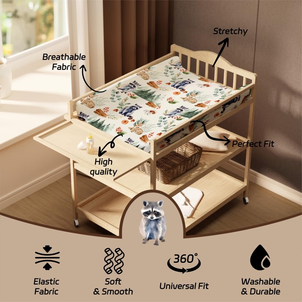 4 Pack Changing Pad Covers Woodland Forest Animals Wood Neutral Unisex Fitted Baby Changing Pad Cover Set for Baby Boys or Girls (Raccoon)