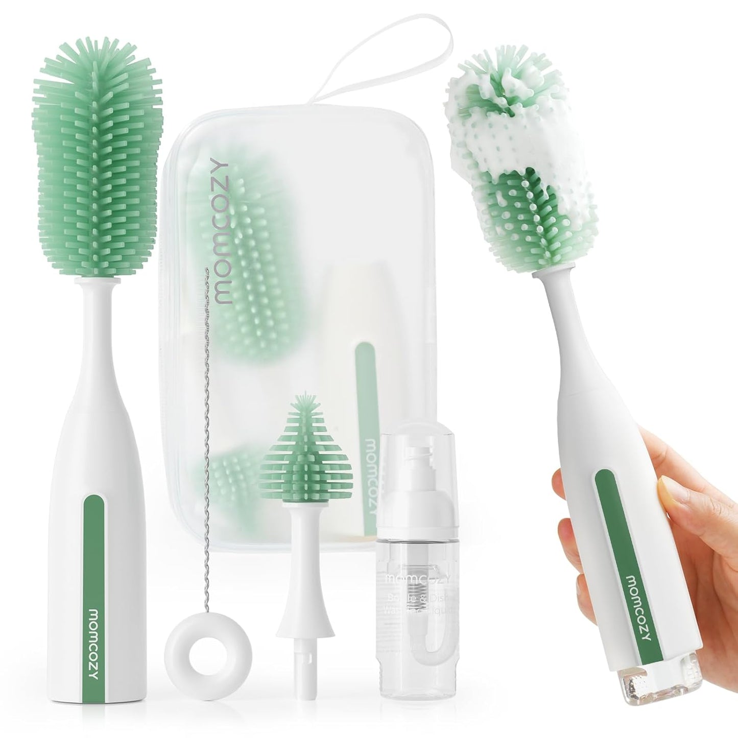 Momcozy Bottle Brush Kit Pro, Innovative Push-Press Design for Deep Cleaning - Bottle Cleaner Brush for Bottle/Breast Pumps/Nipple - Clog-Free Brush & Foam-Generating Design for Better Cleaning, Green