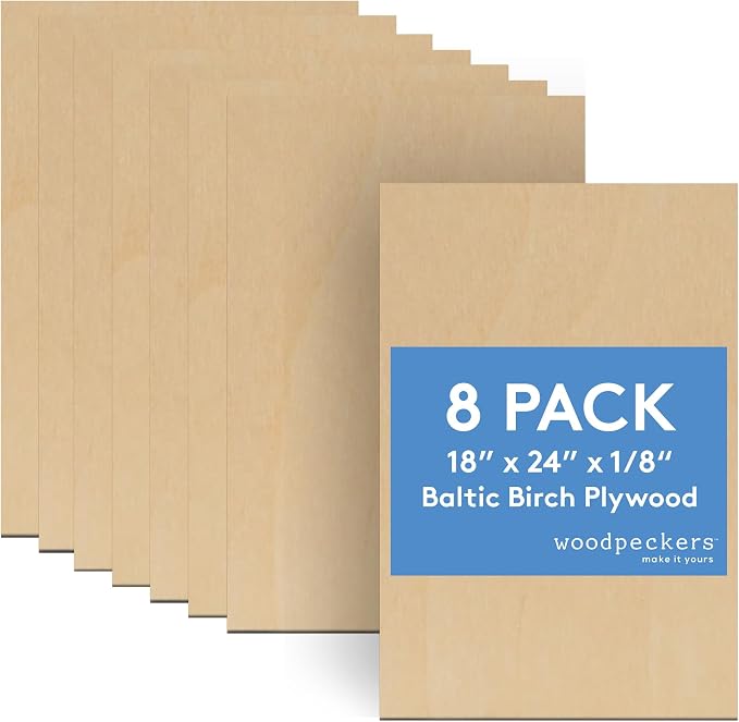 3 mm Baltic Birch Plywood 1/8 x 18 x 24 Inch, Box of 8 B/BB Grade Craft Wood