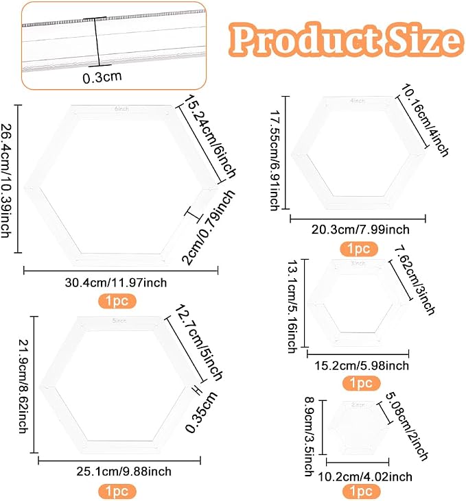 BENECREAT 5 Sizes Hexagon Quilting Template, Acrylic Intricate Sewing Machine