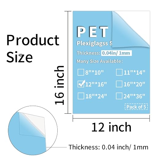 5 Pack 12x16 PET Sheets 0.04" Thick PET Plexiglass Sheets Panels