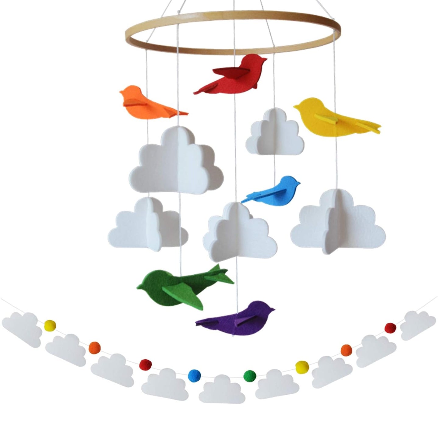 Baby Crib Mobile (Rainbow Birds in The Clouds, w/Garland) - Felt Nursery Ceiling Decoration and Baby Shower Gift for Girls & Boys