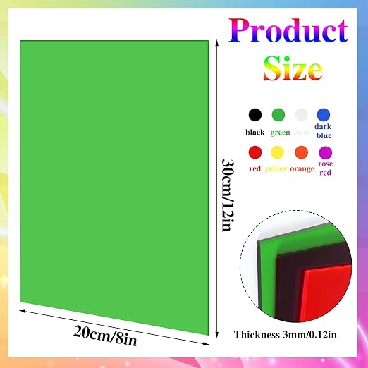 8 Pack Colored Acrylic Sheets 8 x 12 Inch, 1/8 Inch Thick, 8 Colors |