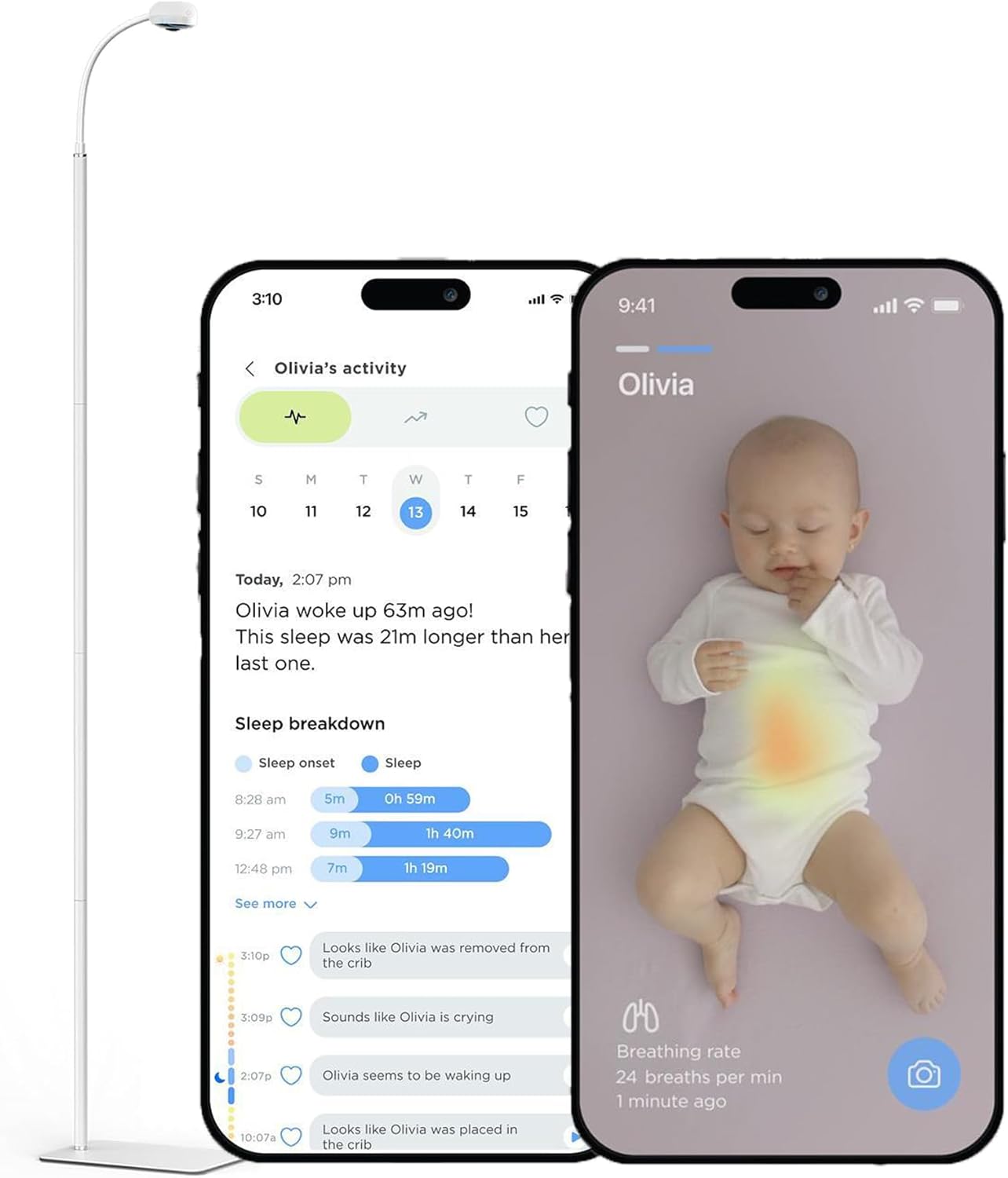 Luna 2.4GHz WiFi Baby Camera Monitor & Floor Stand, Sensor-Free Infant Breathing Monitor, Smart AI Monitoring, Sleep Tracker, Crying Detection, Night Vision, 2-Way Audio, Newborn Essentials