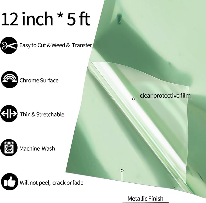 VINYL FROG Mint Green Metallic Foil HTV Vinyl Roll 12" x5ft Mint Green Chrome