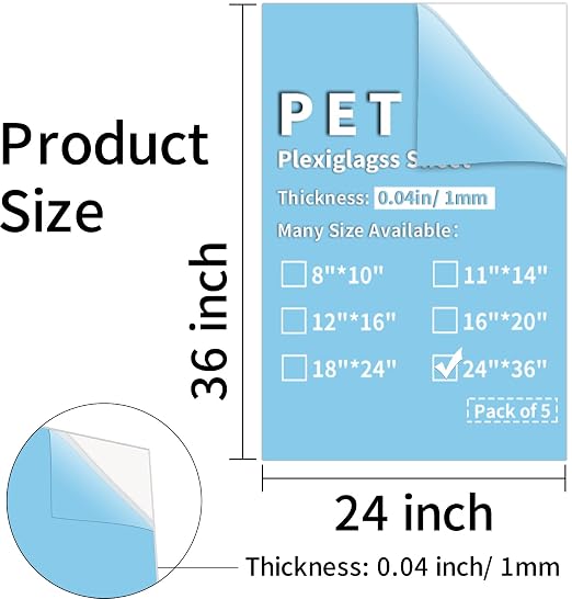 5 Pack 24x36"" PET Sheets 0.04"" Thick PET Plexiglass Sheets Panels