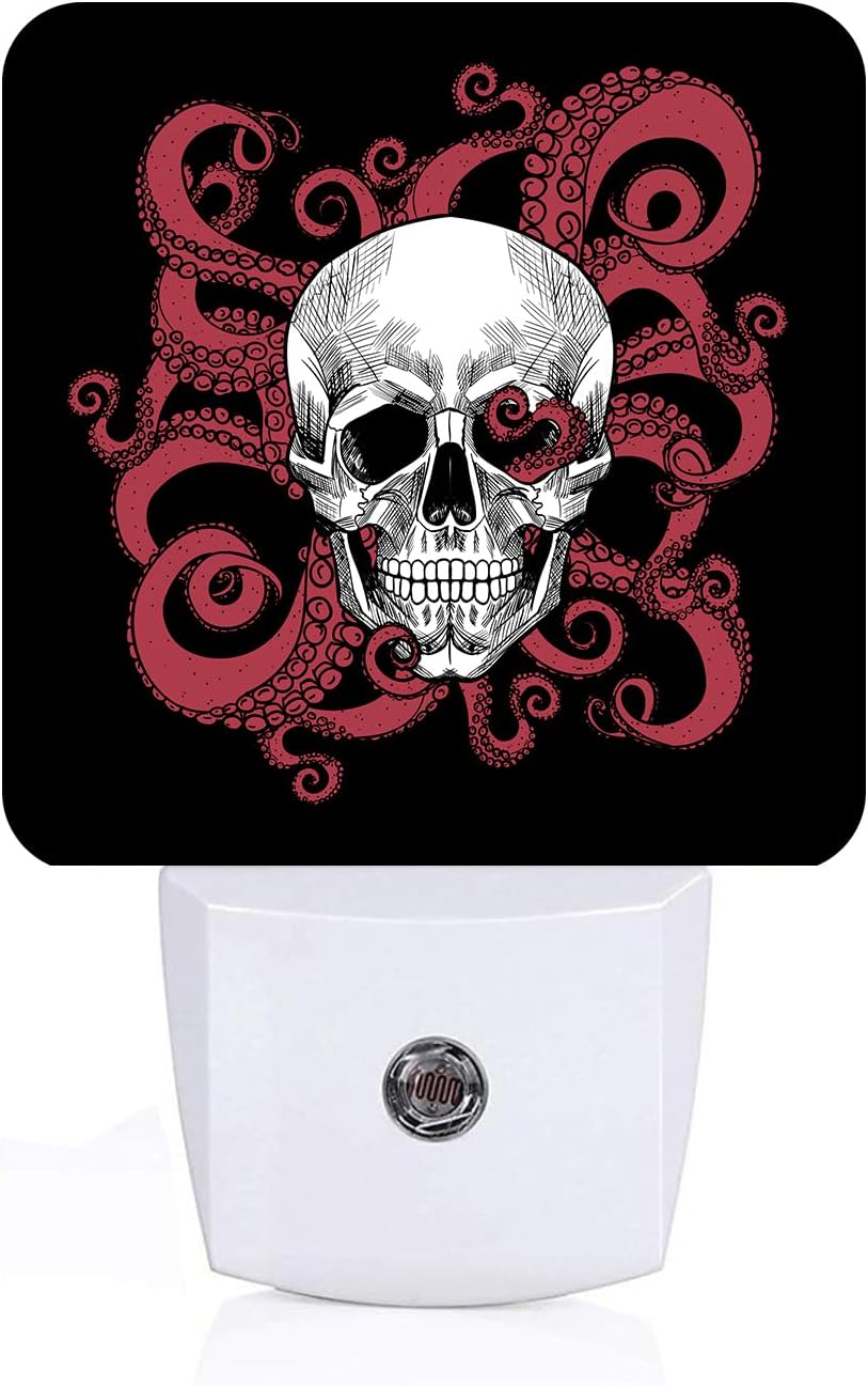 Human Skull and Octopus Tentacles Night Light,Plug Into Wall for Boys Girls Bedroom Decorative Square Night Light Lamp 0.5w Sleep Friendly